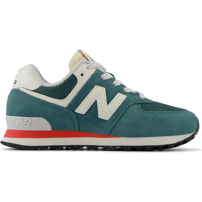 Lateral side of New Balance Little Kids 574 Lifestyle Shoe in New Spruce green and Blast Red