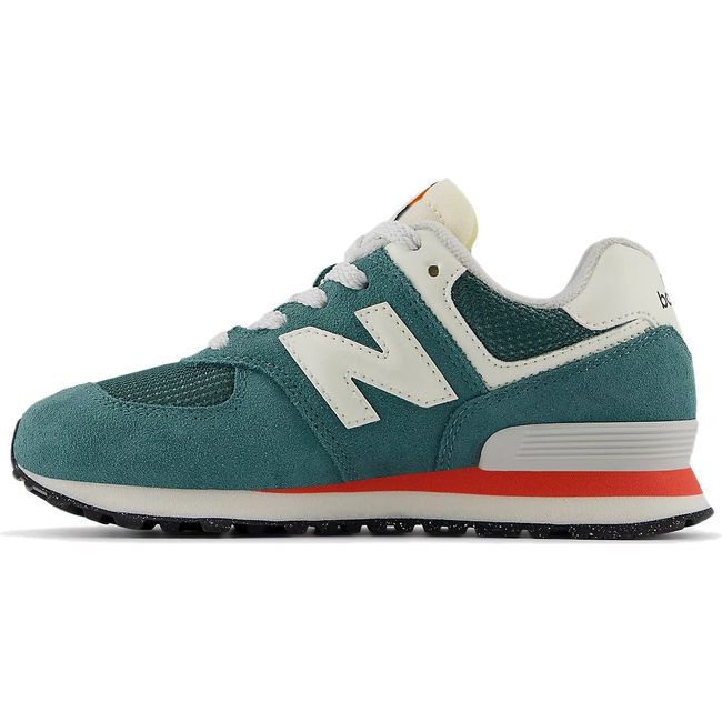 Medial side of New Balance Little Kids 574 Lifestyle Shoe in New Spruce green and Blast Red
