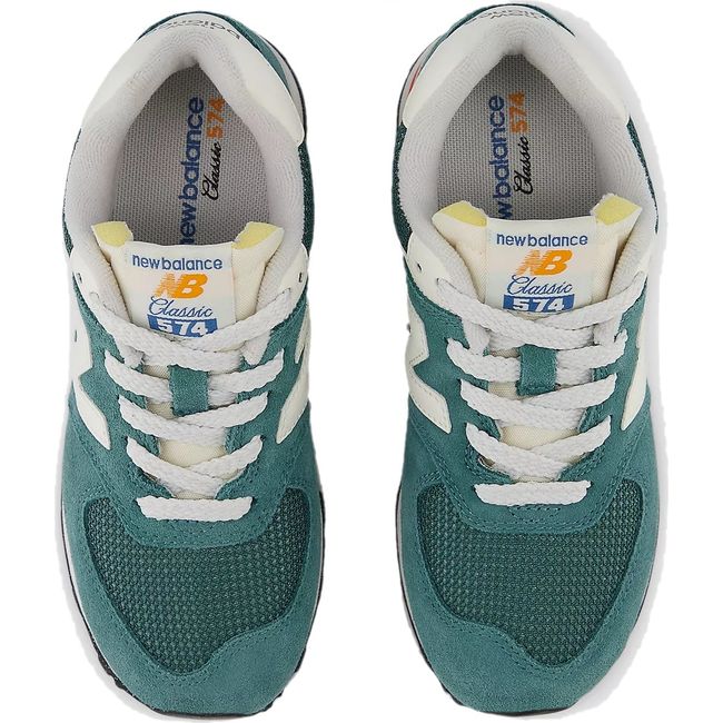 Top down view of New Balance Little Kids 574 Lifestyle Shoes in New Spruce green and Blast Red