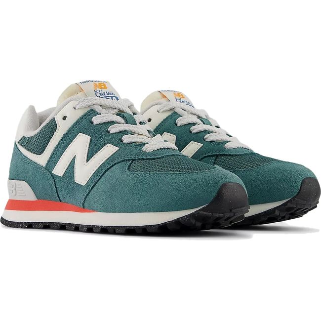Pair of New Balance Little Kids 574 Lifestyle Shoes in New Spruce green and Blast Red