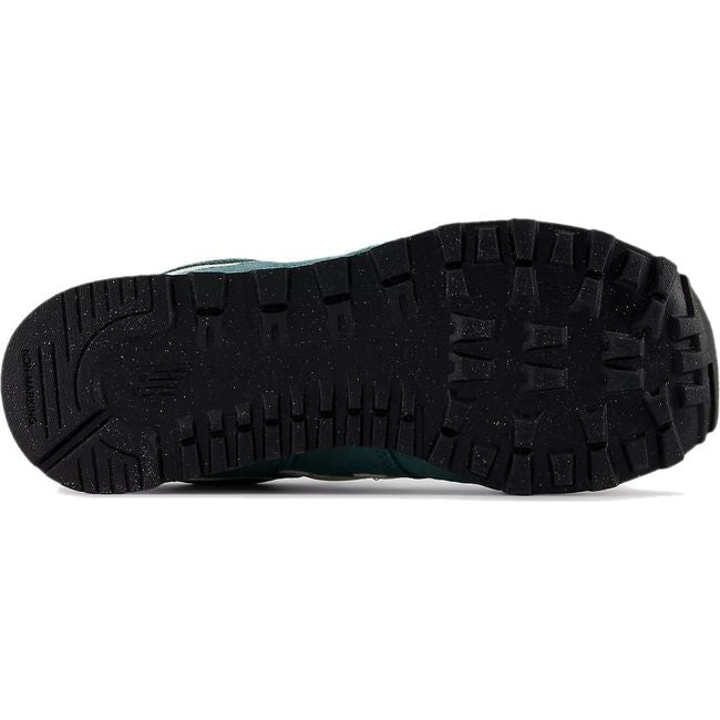 Sole of New Balance Little Kids 574 Lifestyle Shoe in New Spruce and Blast Red with black tread