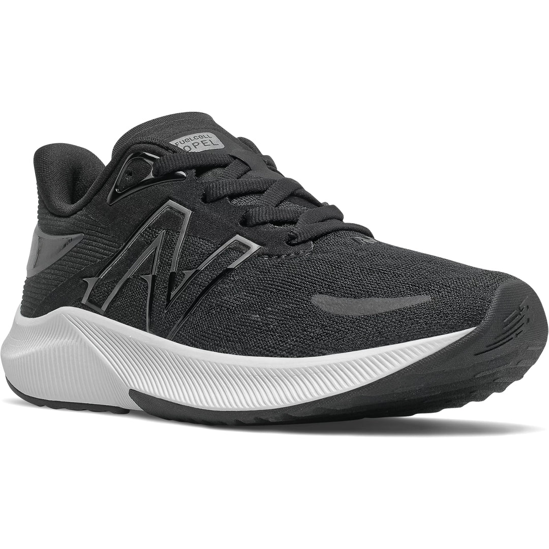 Front angle of New Balance Kids' FuelCell Propel v3 running shoe in Black