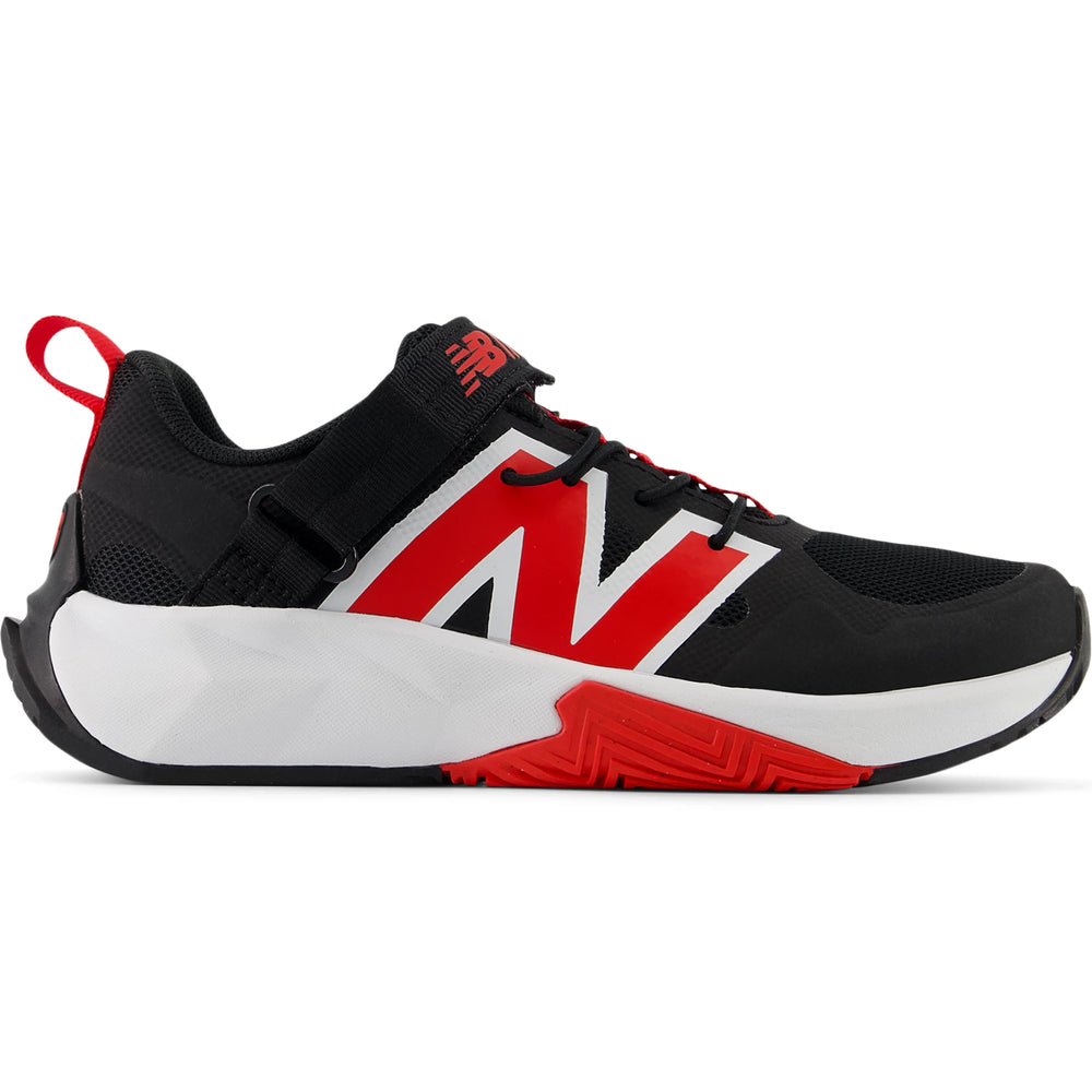 Side of New Balance Kids' FuelCell Play running shoe in Black/Red