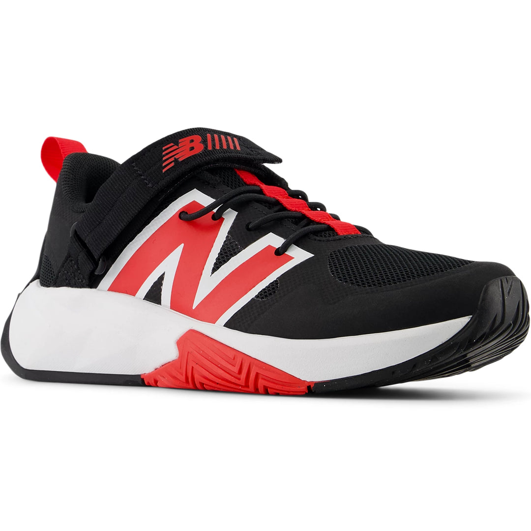 Front angle of New Balance Kids' FuelCell Play running shoe in Black/Red