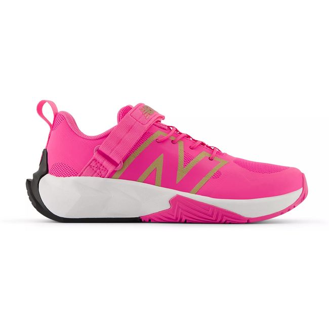New Balance FuelCell Play kids bungee running shoe in pink, hero view.