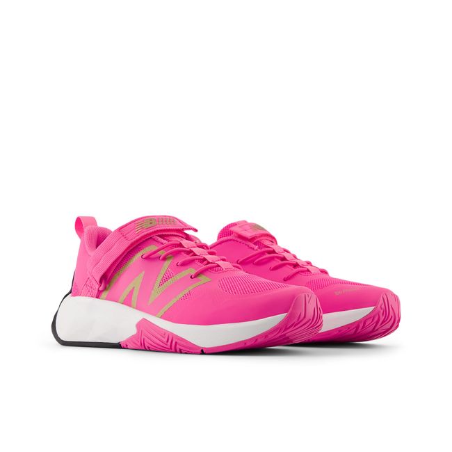 New Balance FuelCell Play kids shoes in pink, top-down pair view.