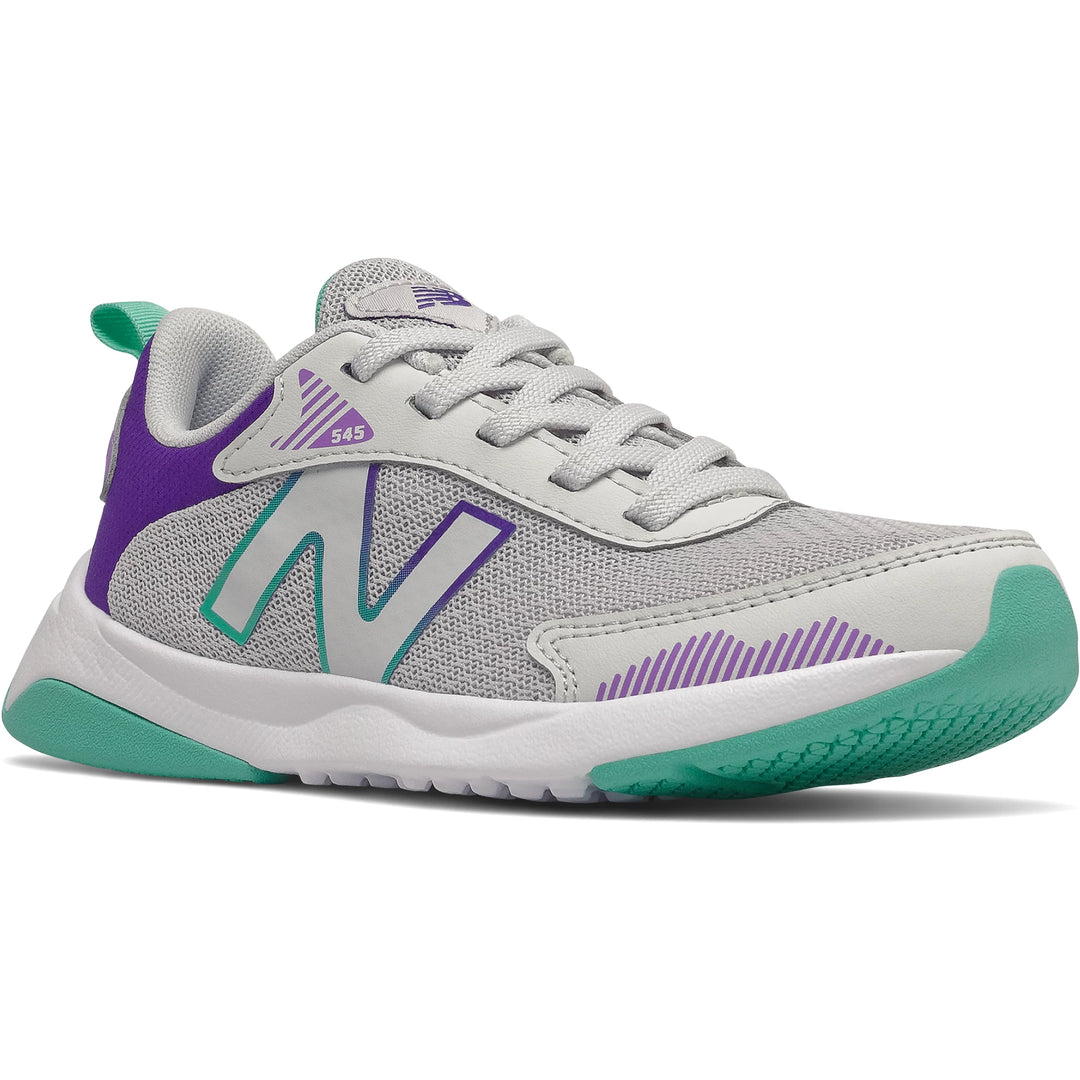 Front angle of New Balance Kids' DynaSoft 545 running shoe in Summer Fog