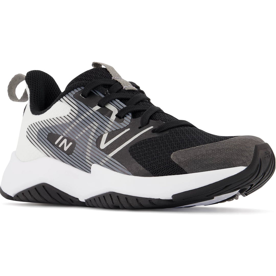 Front angle of New Balance Kids' Rave Run v2 running shoe in Black/White