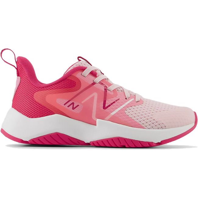 Side of New Balance Kids' Rave Run V2 Running Shoe in Rose Sugar Pink