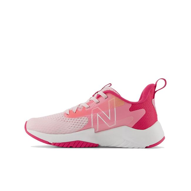 Medial side of New Balance Kids' Rave Run V2 Running Shoe in Rose Sugar Pink