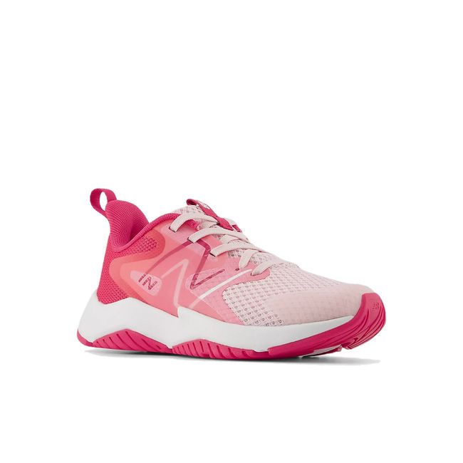 Front angled view of New Balance Kids' Rave Run V2 Running Shoe in Rose Sugar Pink
