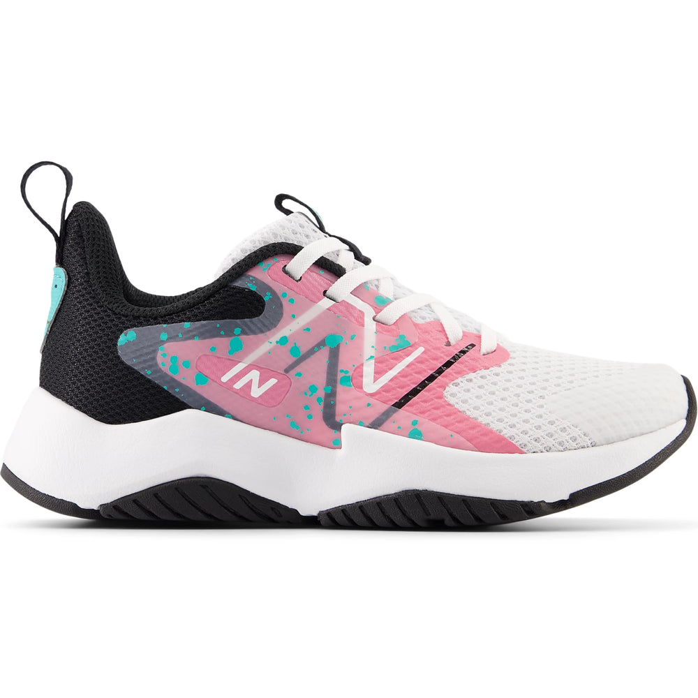 Side of New Balance Kids' Rave Run v2 running shoe in White/Real Pink/Black