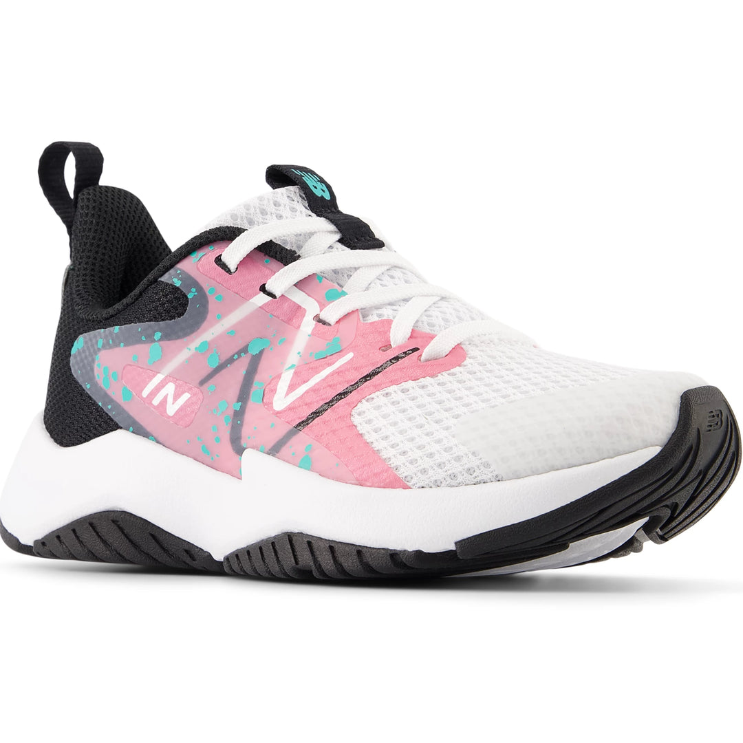 Front angle of New Balance Kids' Rave Run v2 running shoe in White/Real Pink/Black