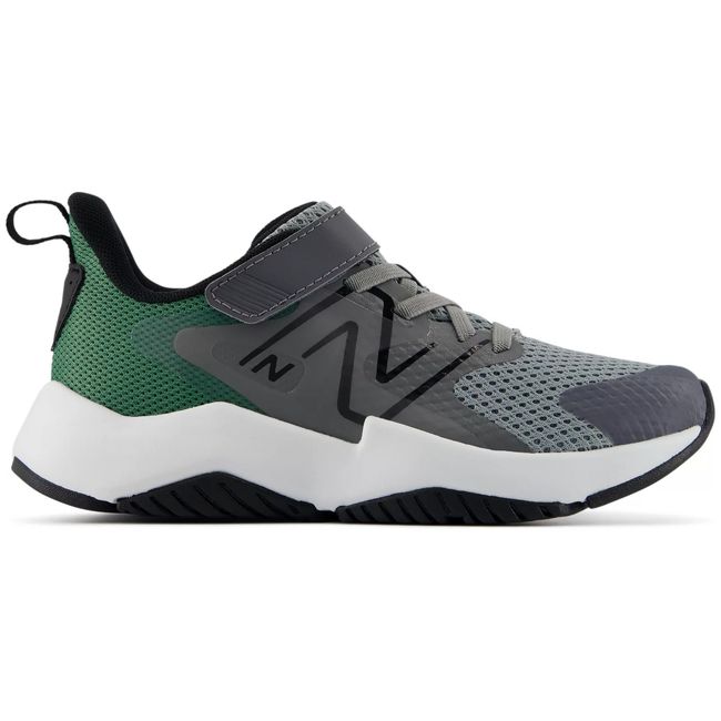 New Balance Rave Run v2 kids sneaker in slate grey with forest green, lateral view