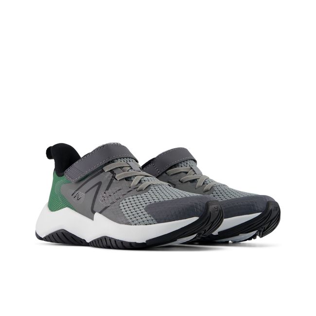 Pair of New Balance Rave Run v2 kids sneakers in slate grey and forest green