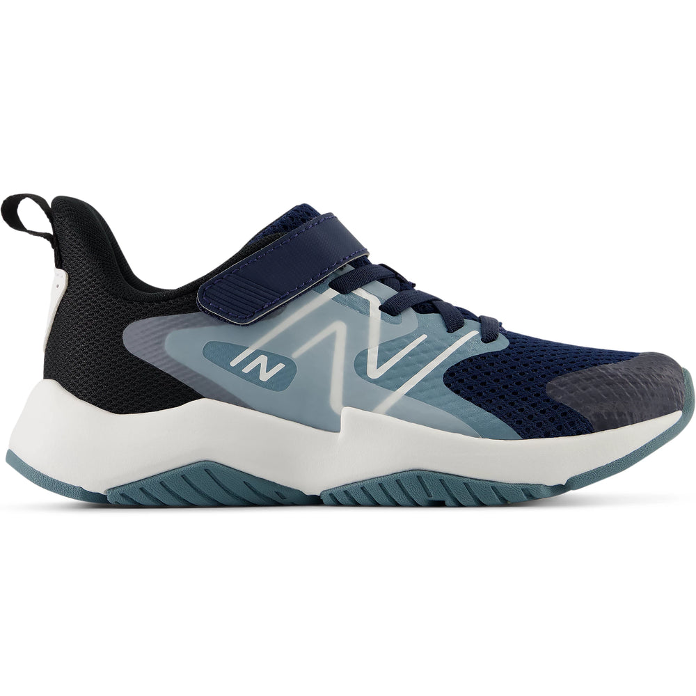 Side of New Balance Kids' Rave Run v2 running shoe in NB Navy