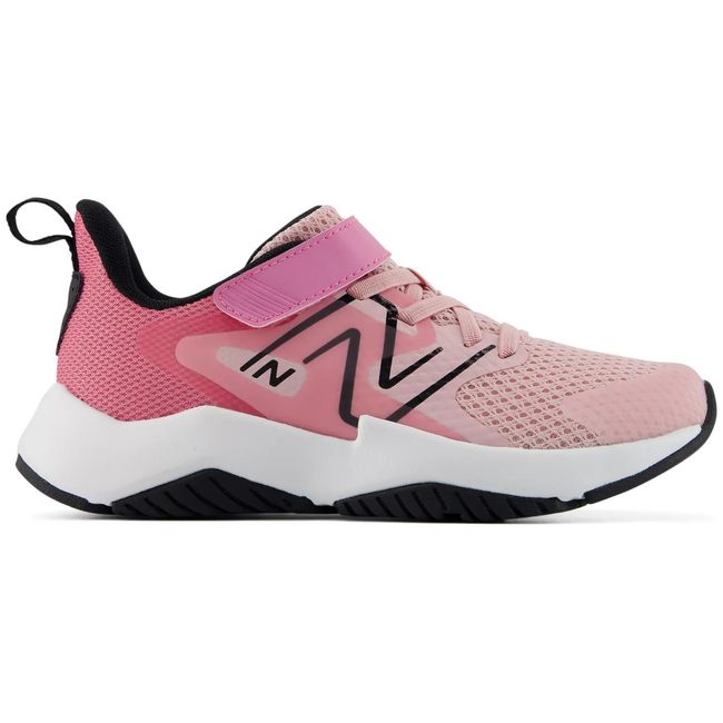 New Balance Rave Run v2 kids sneaker in blush pink with a white midsole, lateral view
