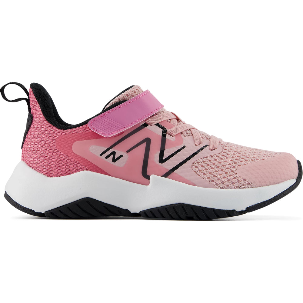 Side of New Balance Kids' Rave Run v2 running shoe in Pink Chalk/Signal Pink/Pink Eraser