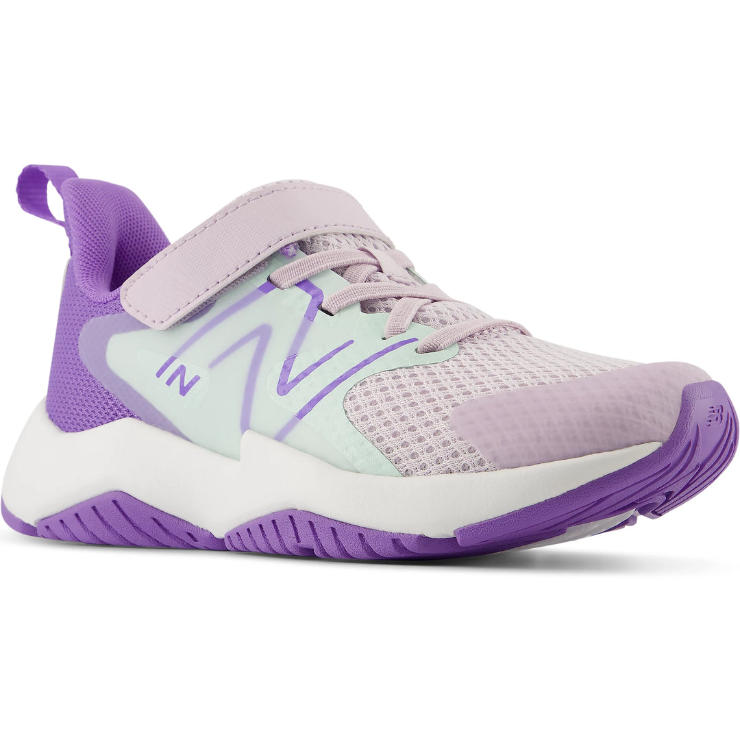 Front angle of New Balance Kids' Rave Run v2 running shoe in Taro/Cosmic Jade/Violet Crush