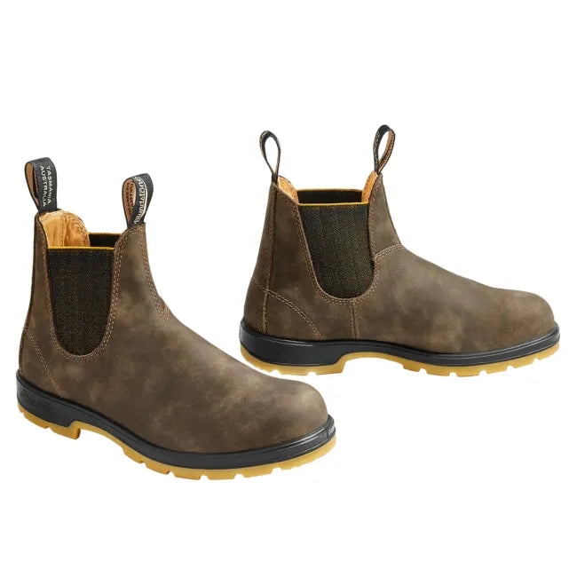 Pair of Blundstone Unisex Classic 1944 Chelsea Boots in Rustic Brown Leather &amp; Mustard sole