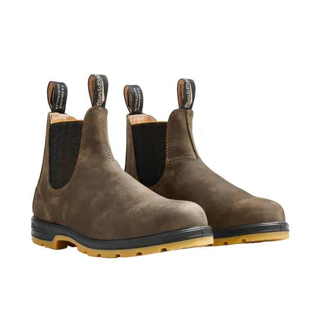 Front angled of Blundstone Unisex Classic 1944 Chelsea Boots in Rustic Brown Leather &amp; Mustard sole