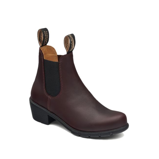 Front angled of Blundstone Women's 2060 Heeled Chelsea Boot in shiraz red brown leather
