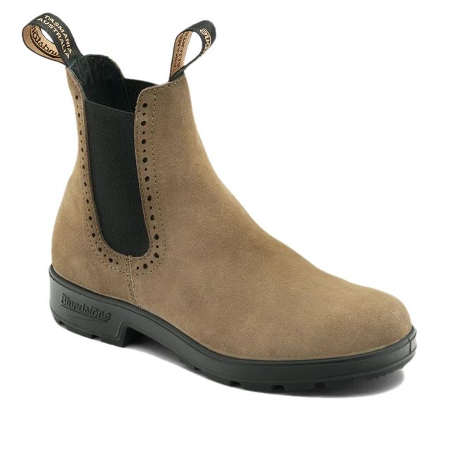 Front angled of Blundstone Women's Originals 2516 Chelsea Boot in Dark Mushroom Suede