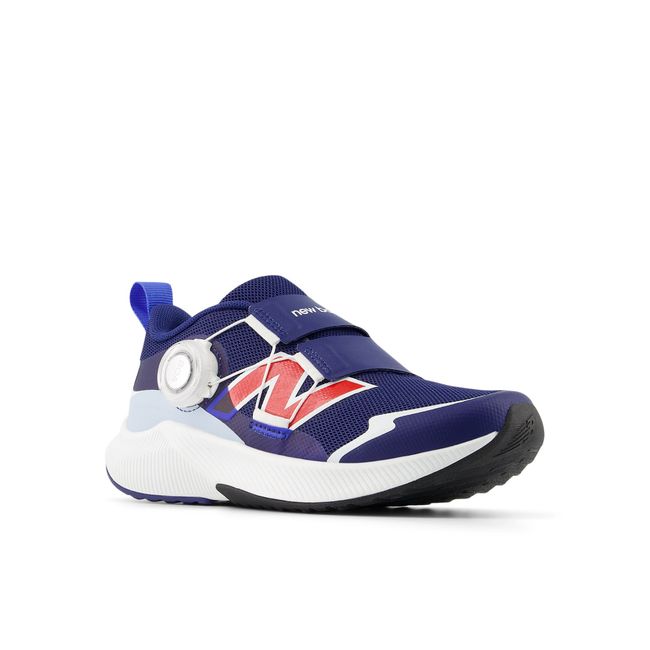 New Balance DynaSoft Reveal V4 BOA kids shoes in blue, top-down pair view.