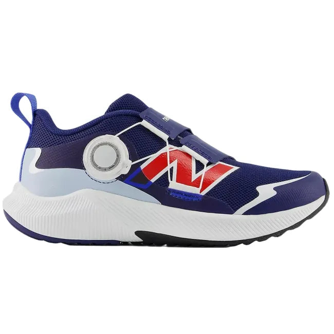 New Balance Kids' DynaSoft Reveal V4 BOA shoe in Blue Oyster and Oxford Blue with red NB logo