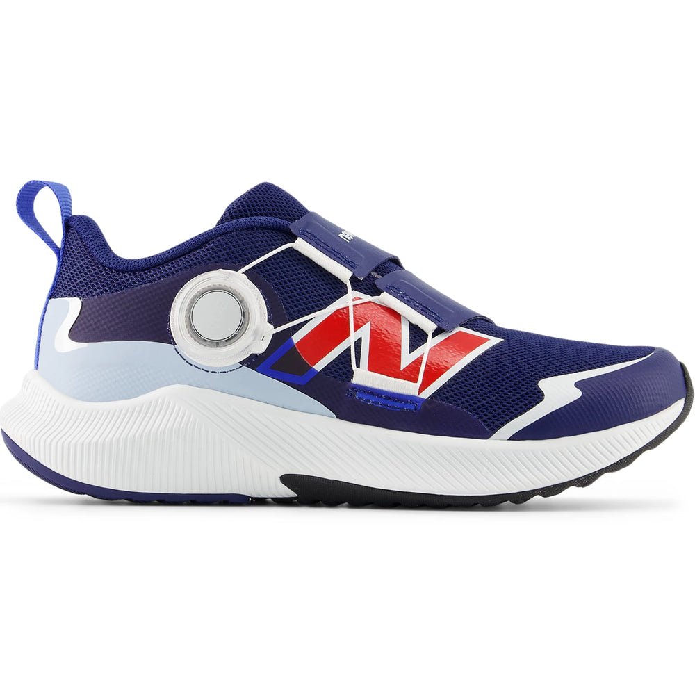 Side of New Balance Kids' DynaSoft Reveal v4 BOA running shoe in Blue Oyster/Blue Bird/Oxford Blue