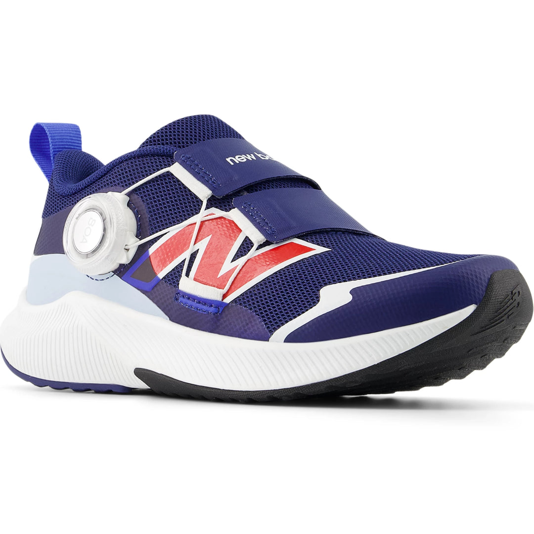 Front angle of New Balance Kids' DynaSoft Reveal v4 BOA running shoe in Blue Oyster/Blue Bird/Oxford Blue