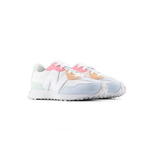 Angled pair of New Balance Kids' 327 Lifestyle Shoes in White Reflection