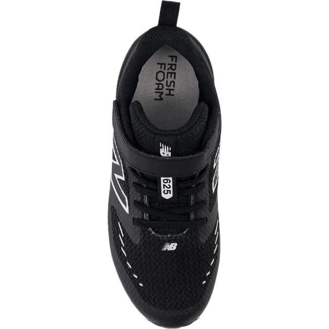 Top down view of Little Kids New Balance Fresh Foam 625 Running Shoe in black with a velcro strap