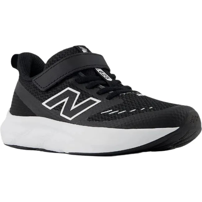 Front angled view of Little Kid New Balance Fresh Foam 625 Running Shoe in black with a velcro strap