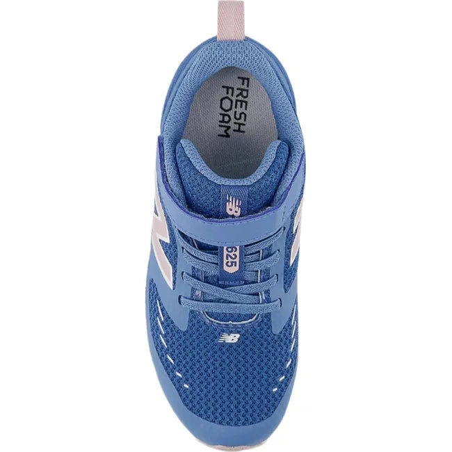 Top down view of Little Kids New Balance Fresh Foam 625 Running Shoe in blue with velcro stra