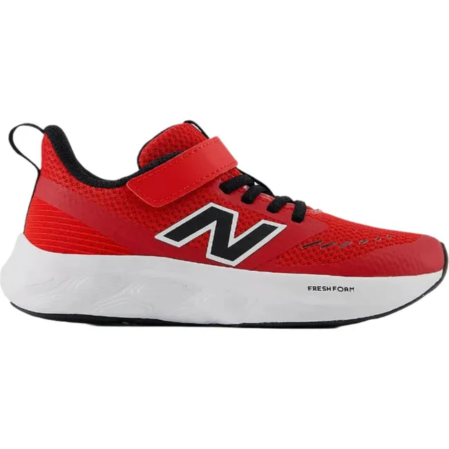 Lateral side of Little Kids New Balance Fresh Foam 625 Running Shoe in red mesh with white sole