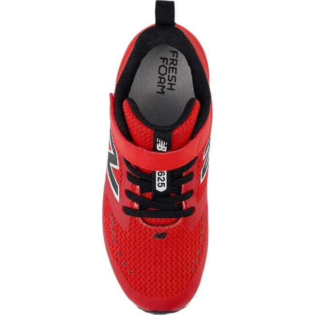 Top down view of Little Kids New Balance Fresh Foam 625 Running Shoe in red with a velcro strap