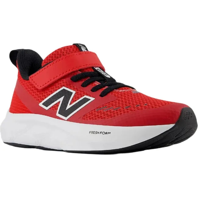 Front angled view of Little Kid New Balance Fresh Foam 625 Running Shoe in red with a velcro strap
