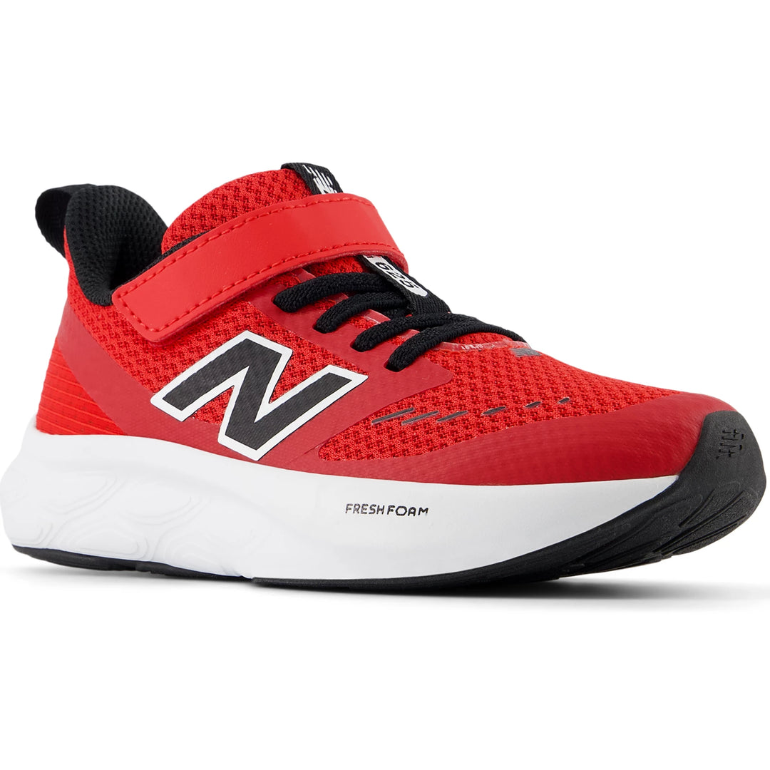 Front angle of New Balance Kids' Fresh Foam 625 running shoe in True Red/Black/White