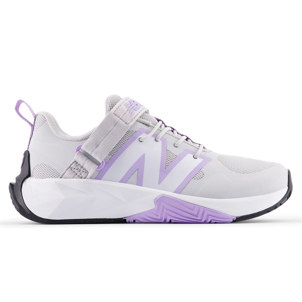 Side of New Balance Kids' FuelCell Play running shoe in Grey Matter/Lilac Glo/White