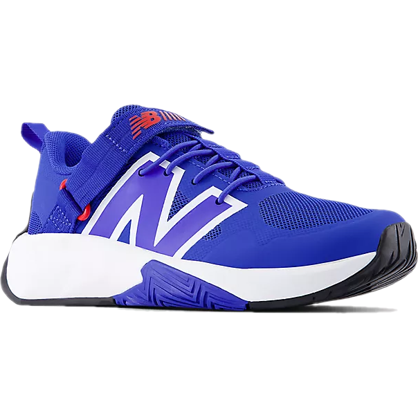 Angled side of New Balance Kids' FuelCell Play Bungee Running Shoe in Blue Gemstone