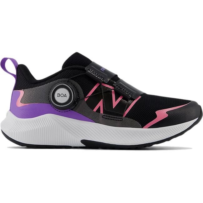 Lateral side of New Balance Little Kids DynaSoft Reveal V4 BOA Running Shoe in Black pink and purple