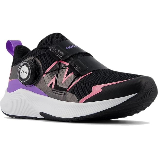 Front view of New Balance Little Kids DynaSoft Reveal V4 BOA Running Shoe in Black pink and purple