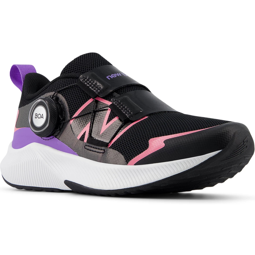 Front angle of New Balance Kids' DynaSoft Reveal v4 BOA running shoe in Black/Signal Pink/Violet Crush