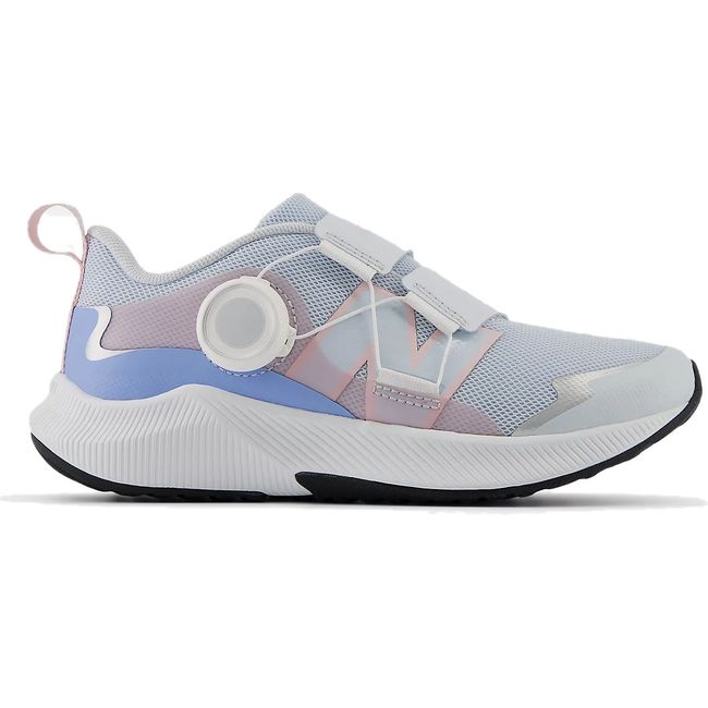 Lateral side of New Balance Little Kids' DynaSoft Reveal V4 BOA Running Shoe in ice blue and pink