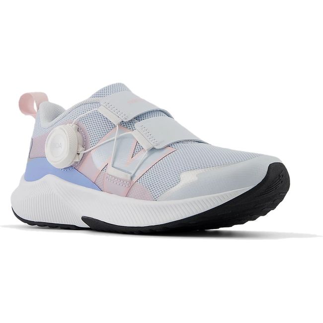 Front angled view of New Balance Little Kids DynaSoft Reveal V4 BOA Running Shoe in blue and pink