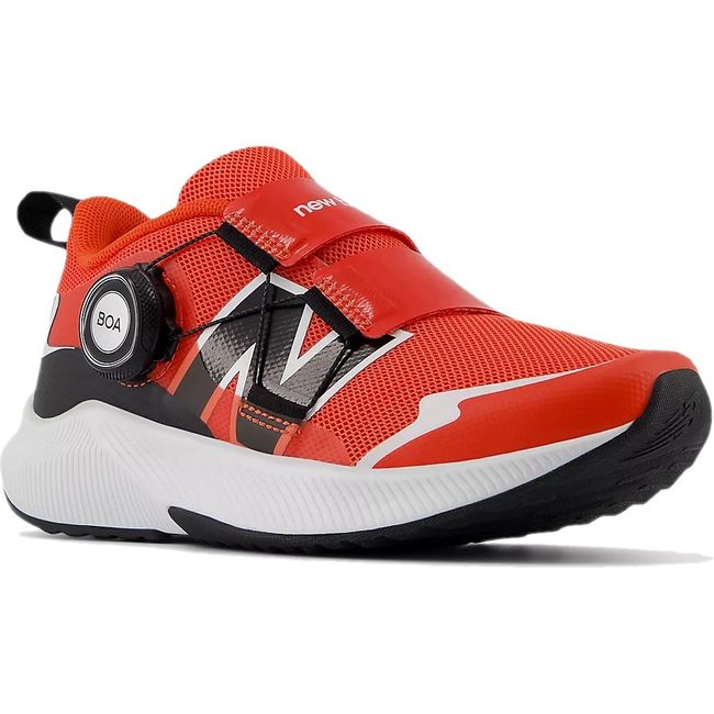 Front angled view of New Balance Little Kids' DynaSoft Reveal V4 BOA Running Shoe in Neo Flame Red