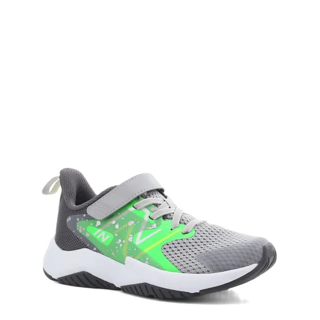Front angled view of New Balance Kids' Rave Run V2 Running Shoe in grey and neon green