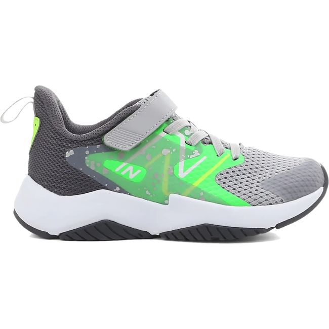 Lateral side of New Balance Kids' Rave Run V2 Running Shoe in grey and neon green