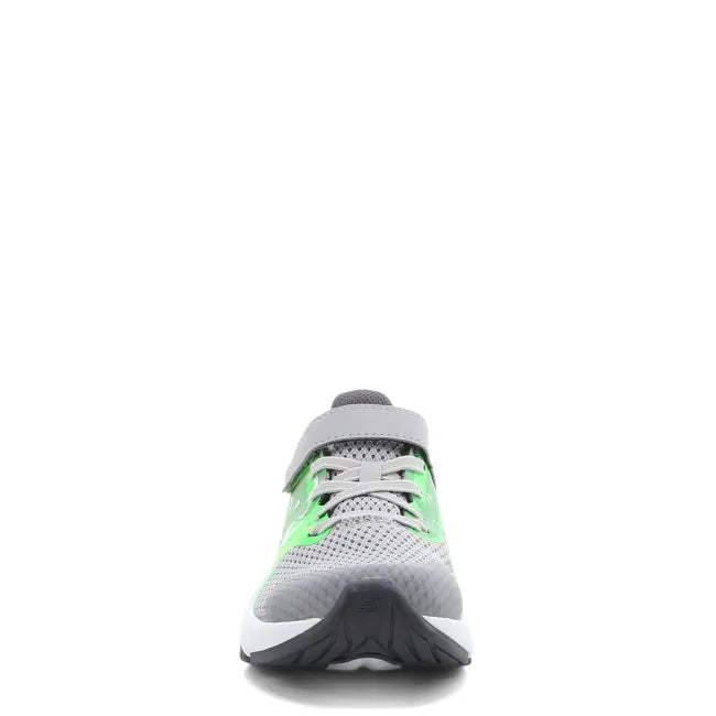 Front of New Balance Kids' Rave Run V2 Running Shoe in grey and neon green with velcro strap